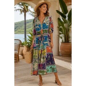 LOLA Australia NWOT  Tie Waist Dress M Animal Print Boho Bohemian Midi LS Button
